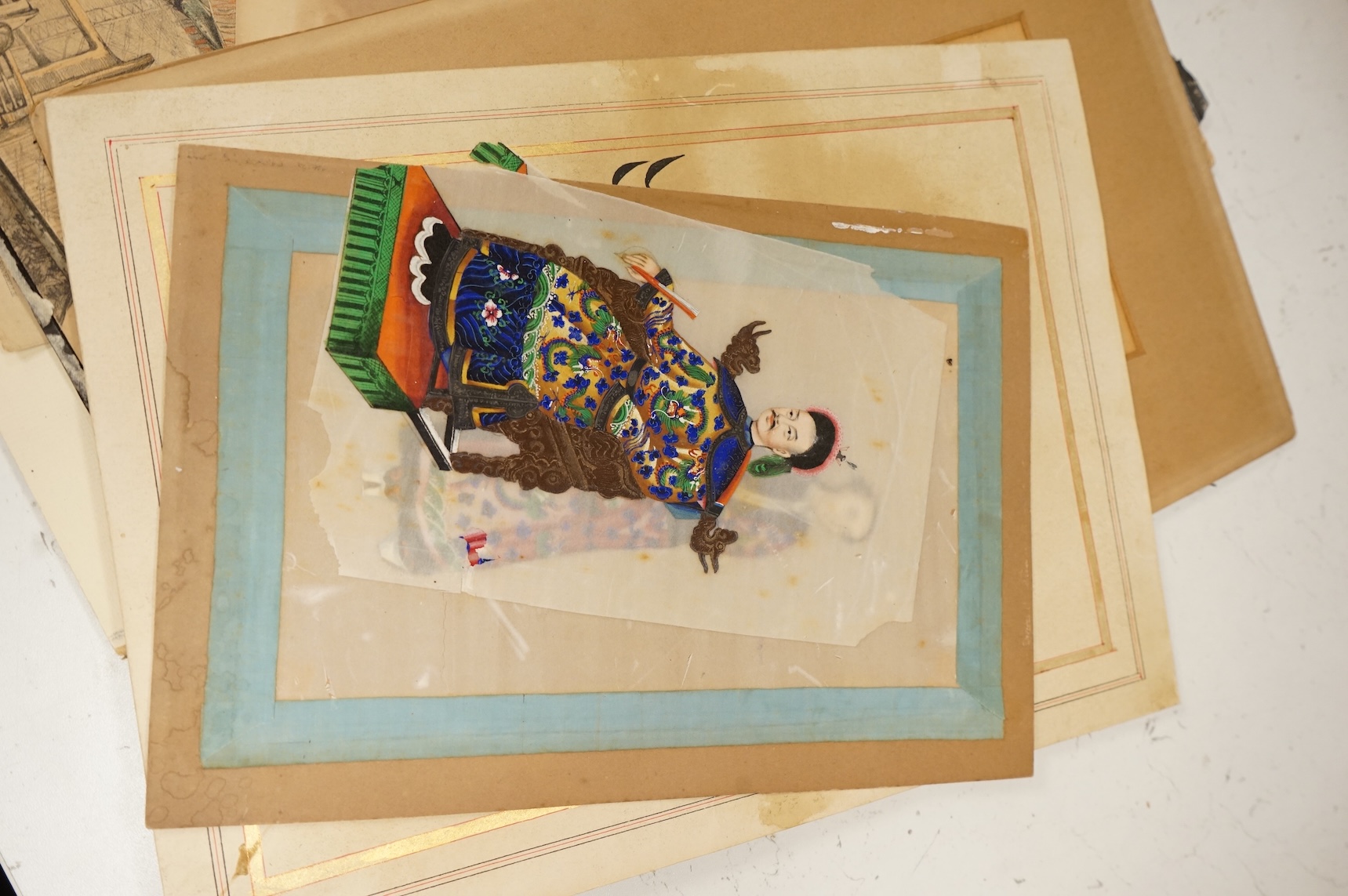 A collection of unframed watercolours and prints, to include: Chinese pith paper paintings, 19th century German fashion plates and studies of gentlemen in military dress, two gouaches